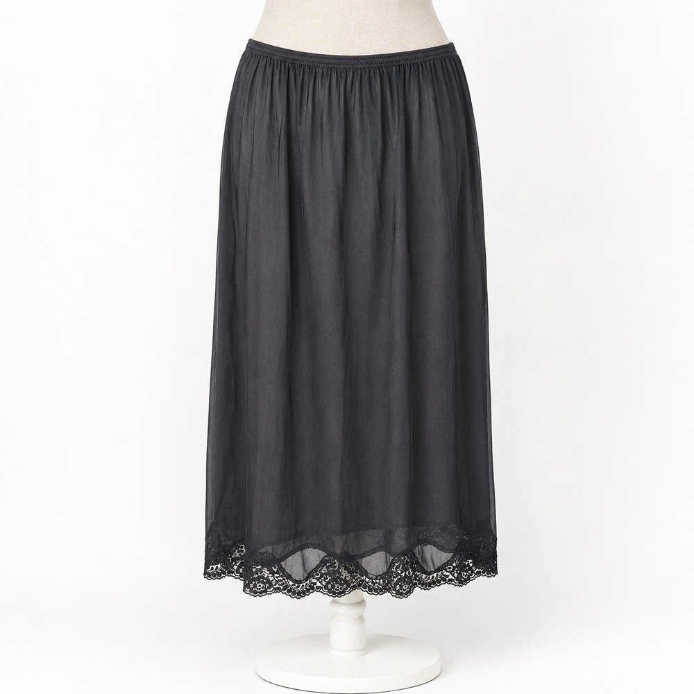 Vintage 90s Satin Lace Trim Half Slip 32" Maxi Skirt Size 1X Black Elastic Waist